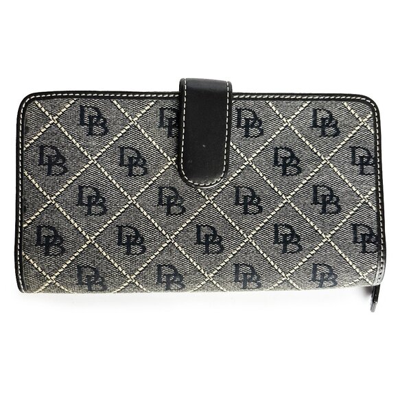Vintage Dooney & Bourke Navy Logo Print Wallet Black Leather Trim Retro - Picture 1 of 7
